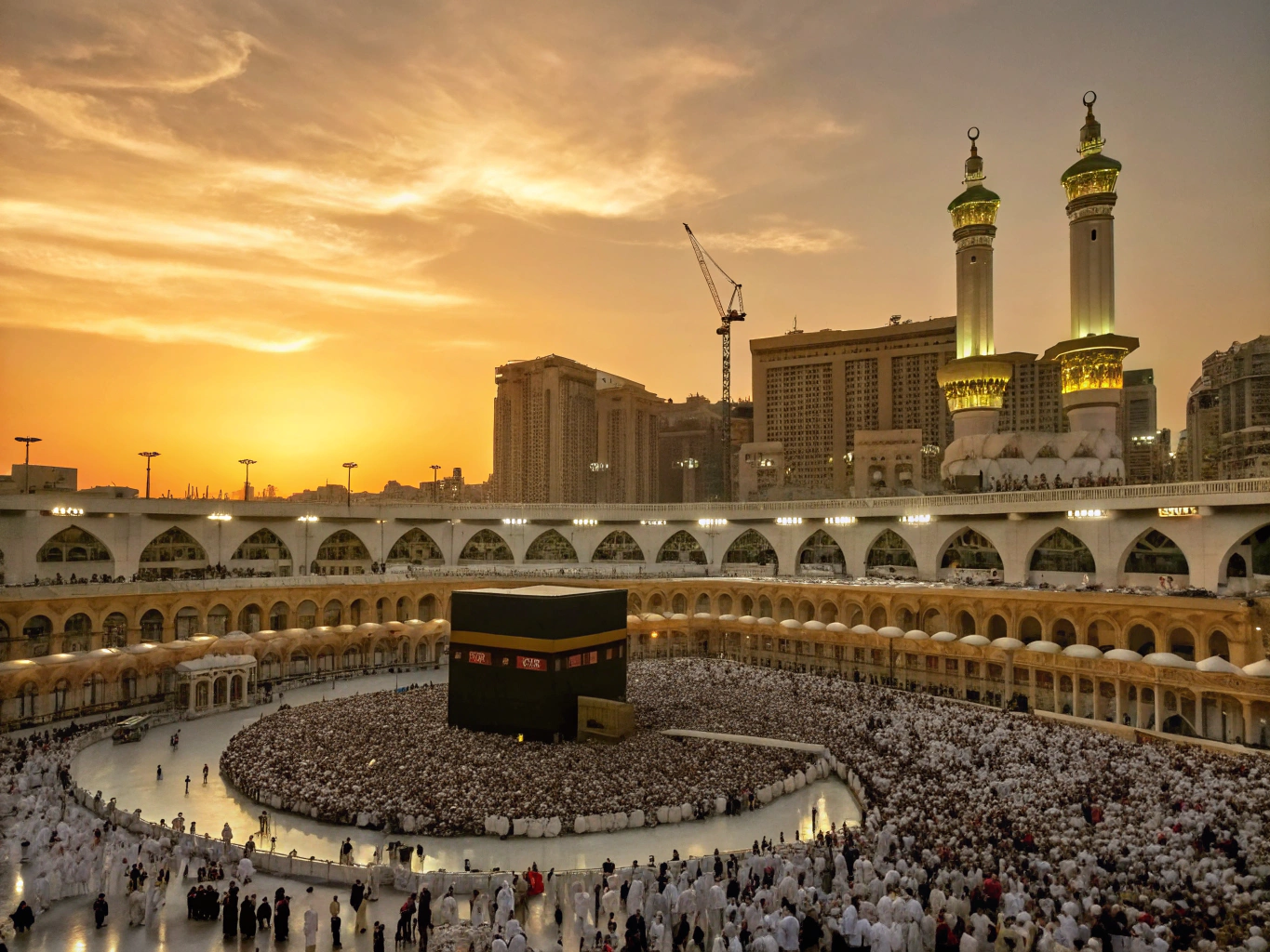 مشهد بانورامي للمصلين أمام الكعبة المشرفة وقت الغسق