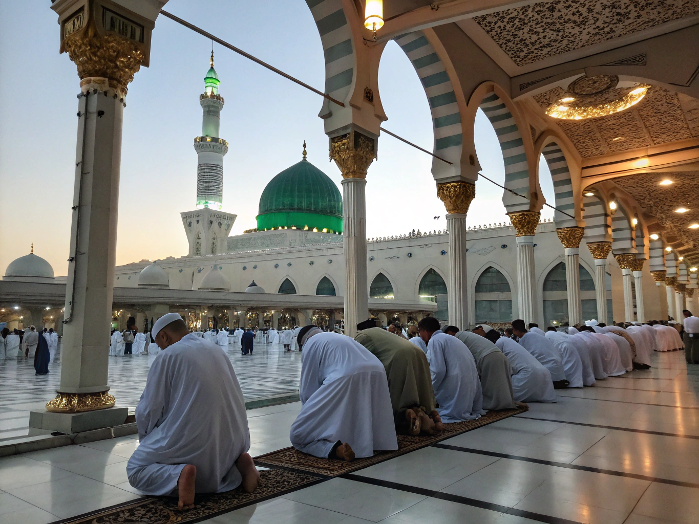 وفد من المعتمرين يسيرون في سكينة تحت مظلات ساحات المسجد النبوي الشريف